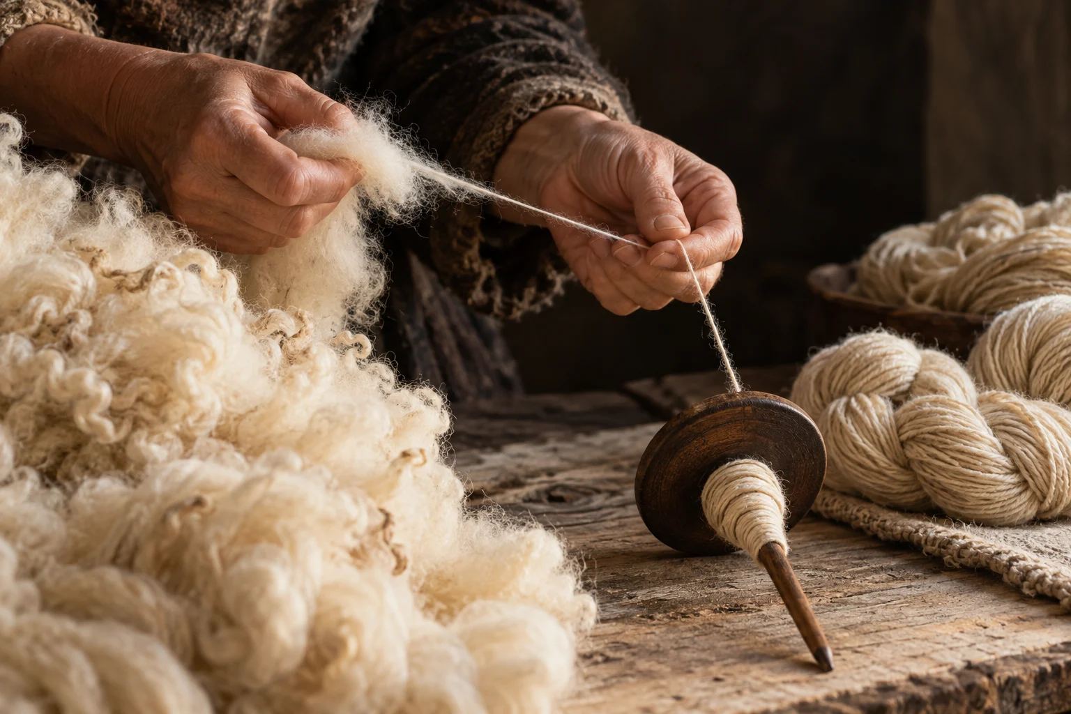 Concept artwork of hands drawing wool fibres beside a wooden spindle
