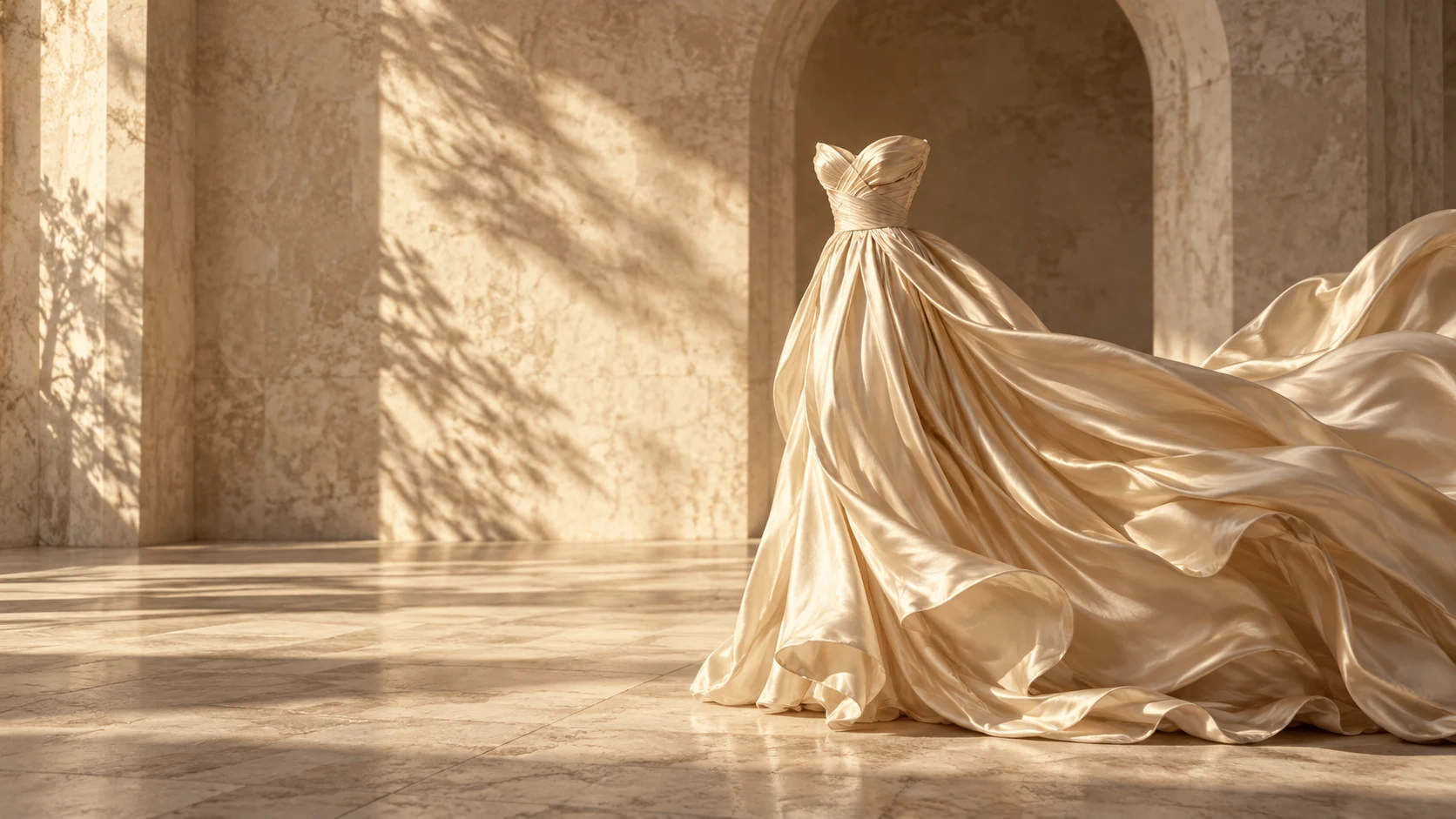 Conceptual champagne gown with a flowing train in a sunlit limestone space